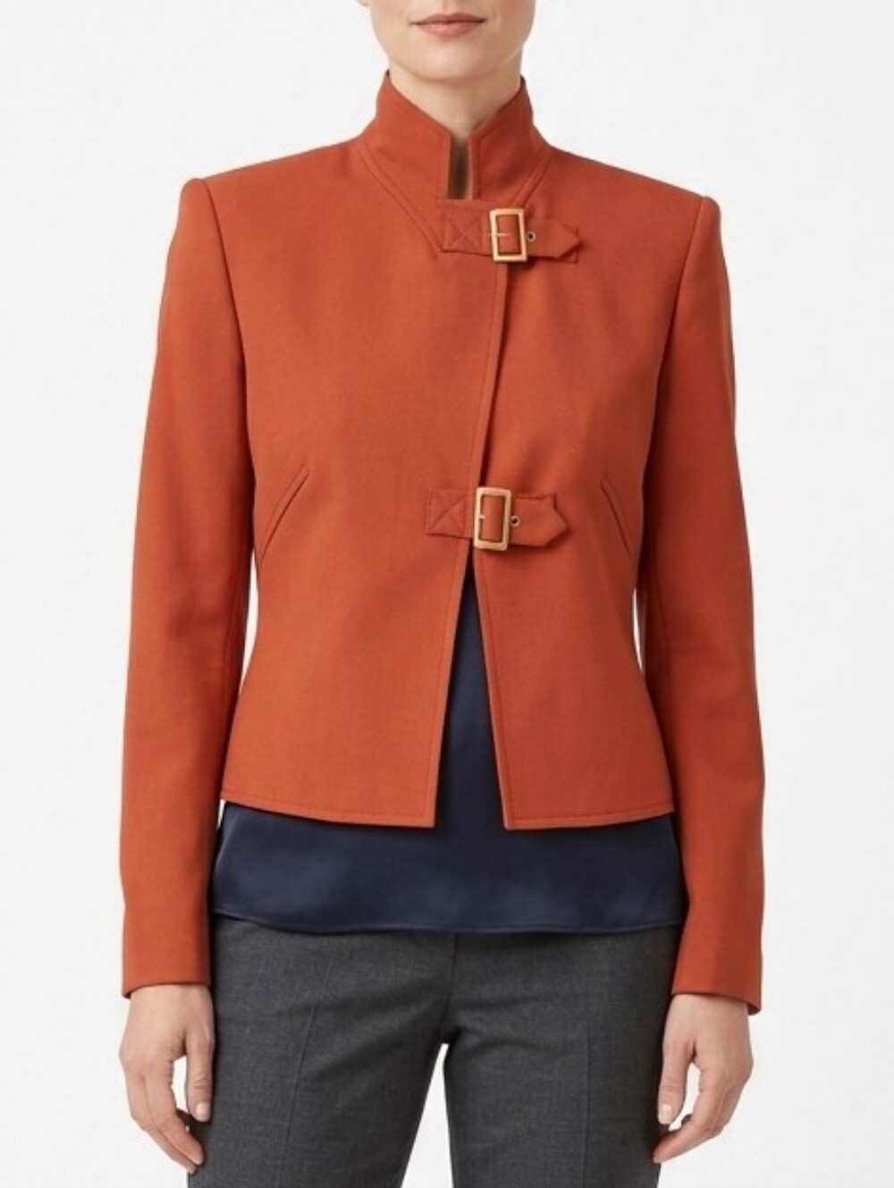 Vtg Y2K Anne Klein Rust Orange Structured Cropped Blaxer Jacket Gold Buckles 6